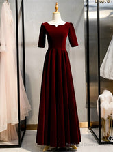 A-Line Dark Burgundy Velvet Short Sleeve Prom Dress